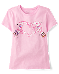 Girls Short Sleeve Skeleton Heart Graphic Tee - PINK | The