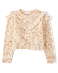 Girls Long Sleeve Ruffle Pointelle Sweater - TAN | The