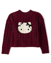 Girls Hello Kitty Applique Cable Knit Sweater - BURGUNDY