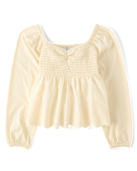 Girls Long Sleeve Embroidered Eyelet Peplum Top - CREAM | The