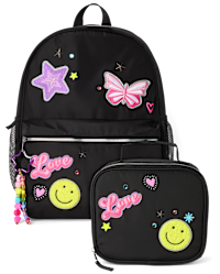 Girls Embroidered Patch Backpack 2-Piece Set - BLACK | The