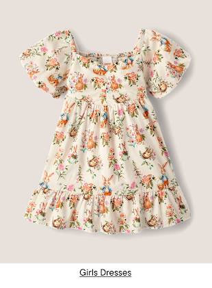 Un vestido con estampado floral, mangas abullonadas y bajo con volantes, exhibido sobre un fondo liso.