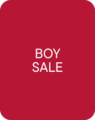 White text reading "BOY SALE" is centered on a solid red rounded square background.