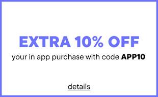 The image displays a promotional offer for an extra 10% off on an in-app purchase using the code "APP10". The background is a solid blue color, providing a clean and simple visual presentation for the text.