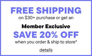 The image displays text promoting free shipping on purchases over $30 and a 20% discount for members who order and ship to a store.