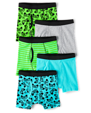 La imagen muestra una colección de calzoncillos bóxer coloridos y estampados en varios tonos de verde, gris y azul, con diseños divertidos como huesos y huellas de patas.