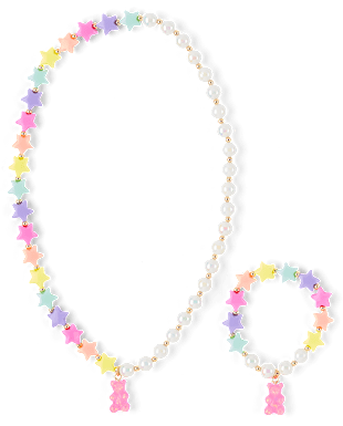 Un colorido conjunto de collar y pulsera elaborado con cuentas en varios tonos pastel, incluidos rosa, amarillo, azul y morado, con un pequeño dije en forma de oso.
