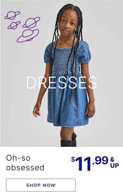 The image shows a young girl wearing a blue denim dress with puff sleeves, standing against a plain gray background with purple doodle-like shapes.