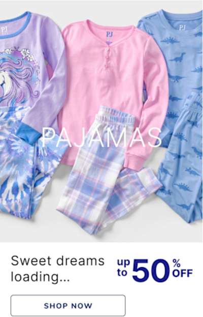 The image displays a collection of colorful pajama sets, including a lavender set with a whimsical design, a pink set with a plaid pattern, and a blue set with a cloud-like pattern. The background features a promotional message about a sale on these pajama sets.