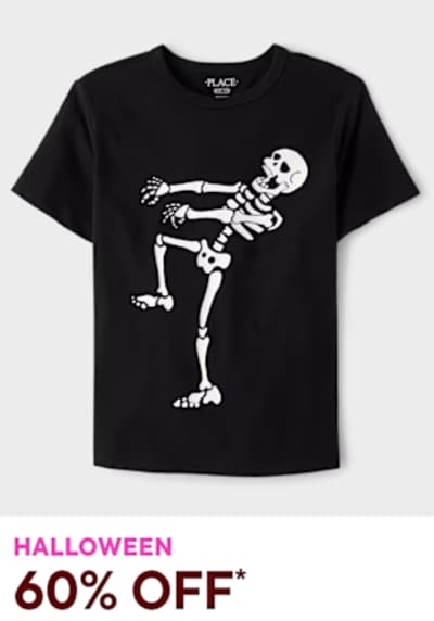 A black t-shirt with a white skeleton design prominently displayed in the center.