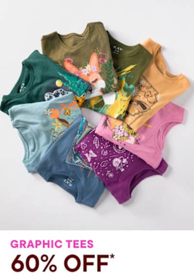 A colorful assortment of graphic t-shirts in various designs and colors, including nature-inspired patterns and cartoon characters, arranged on a white background.