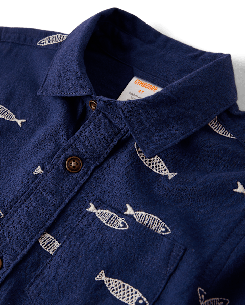 Рубашка Gymboree Embroidered Fish Button Up Shirt - Driftwood Bay для мальчиков, цвет: Синий