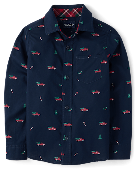 Рубашка The Children's Place Christmas Poplin Button Up для мальчиков, цвет: Синий