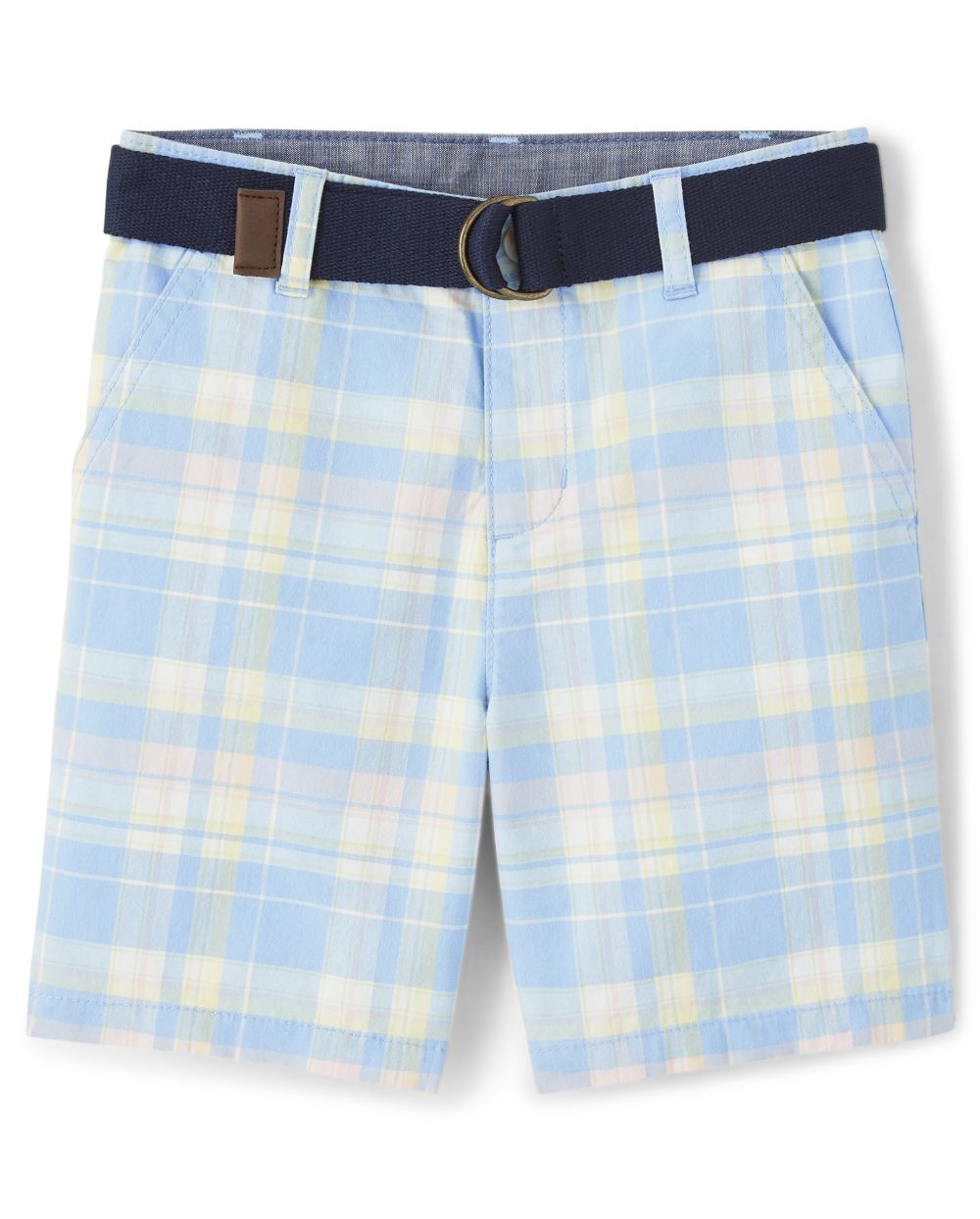 Toddler boys blue and yellow plaid belted shorts