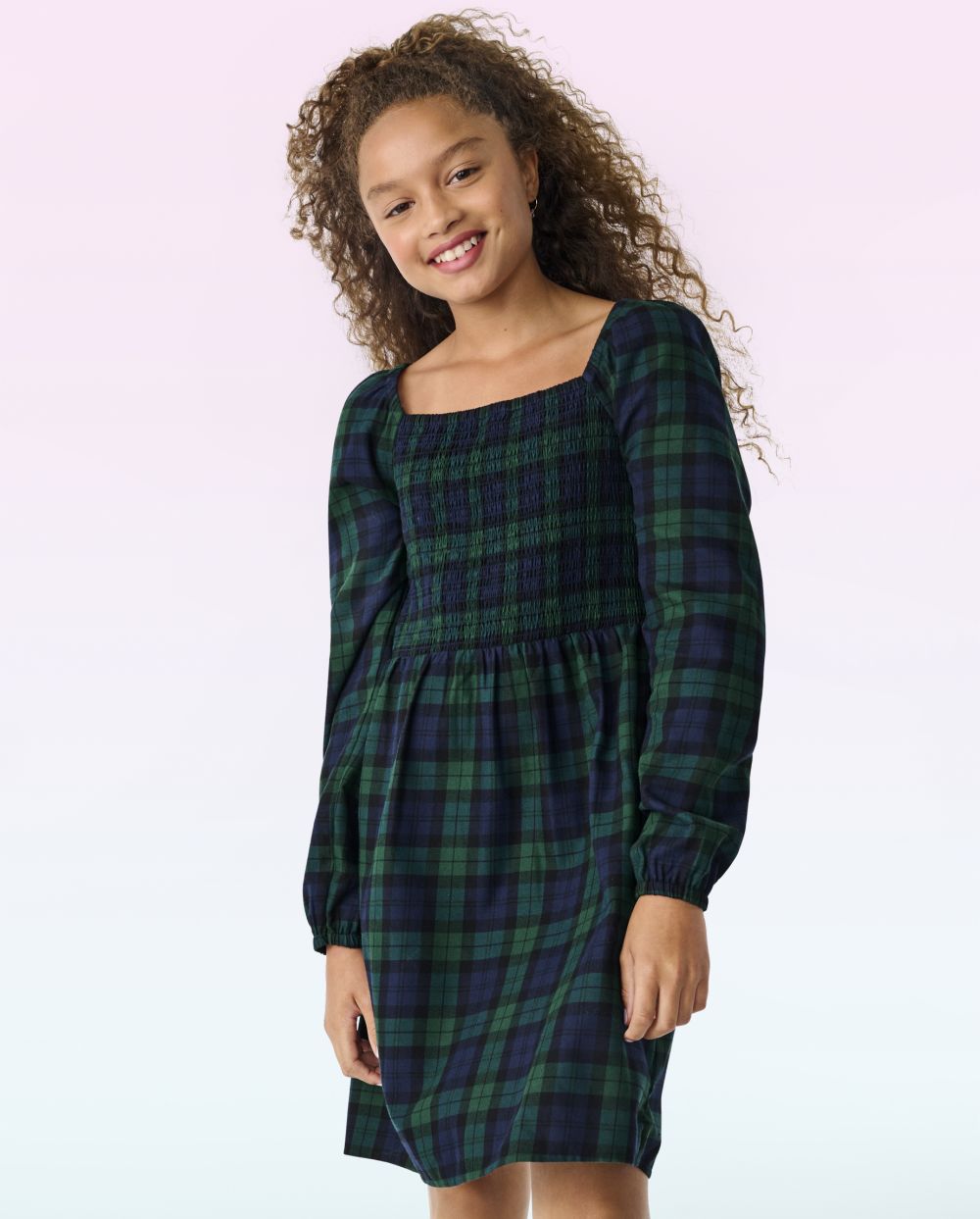 Girls Above the Knee Plaid Print Long Puff Sleeves Sleeves Smocked Square Neck Dress