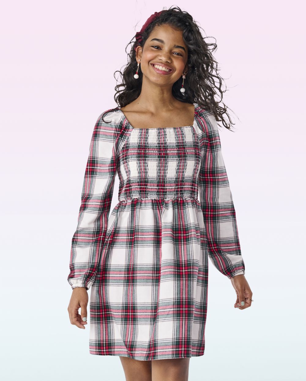 Girls Above the Knee Long Puff Sleeves Sleeves Plaid Print Smocked Square Neck Dress