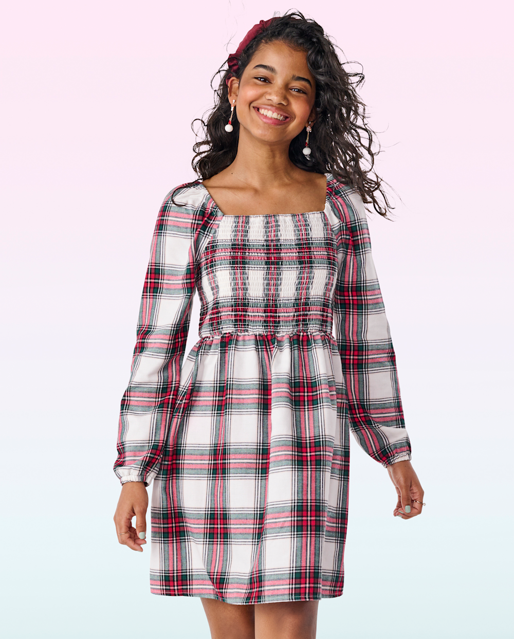 Girls Long Sleeves Plaid Print Smocked Dress