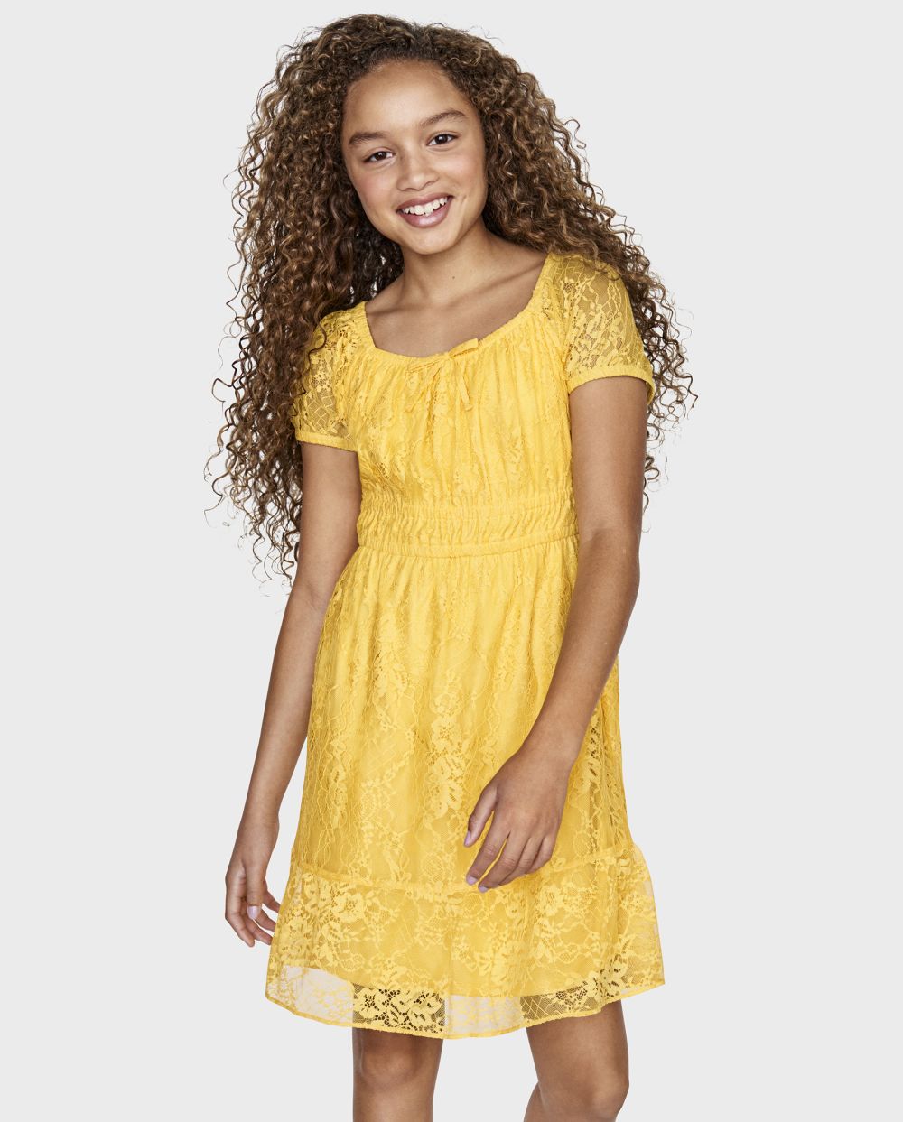 Girls Puff Sleeves Raglan Short Sleeves Sleeves Scoop Neck Smocked Tiered Above the Knee Dress With a Bow(s) and Ruffles