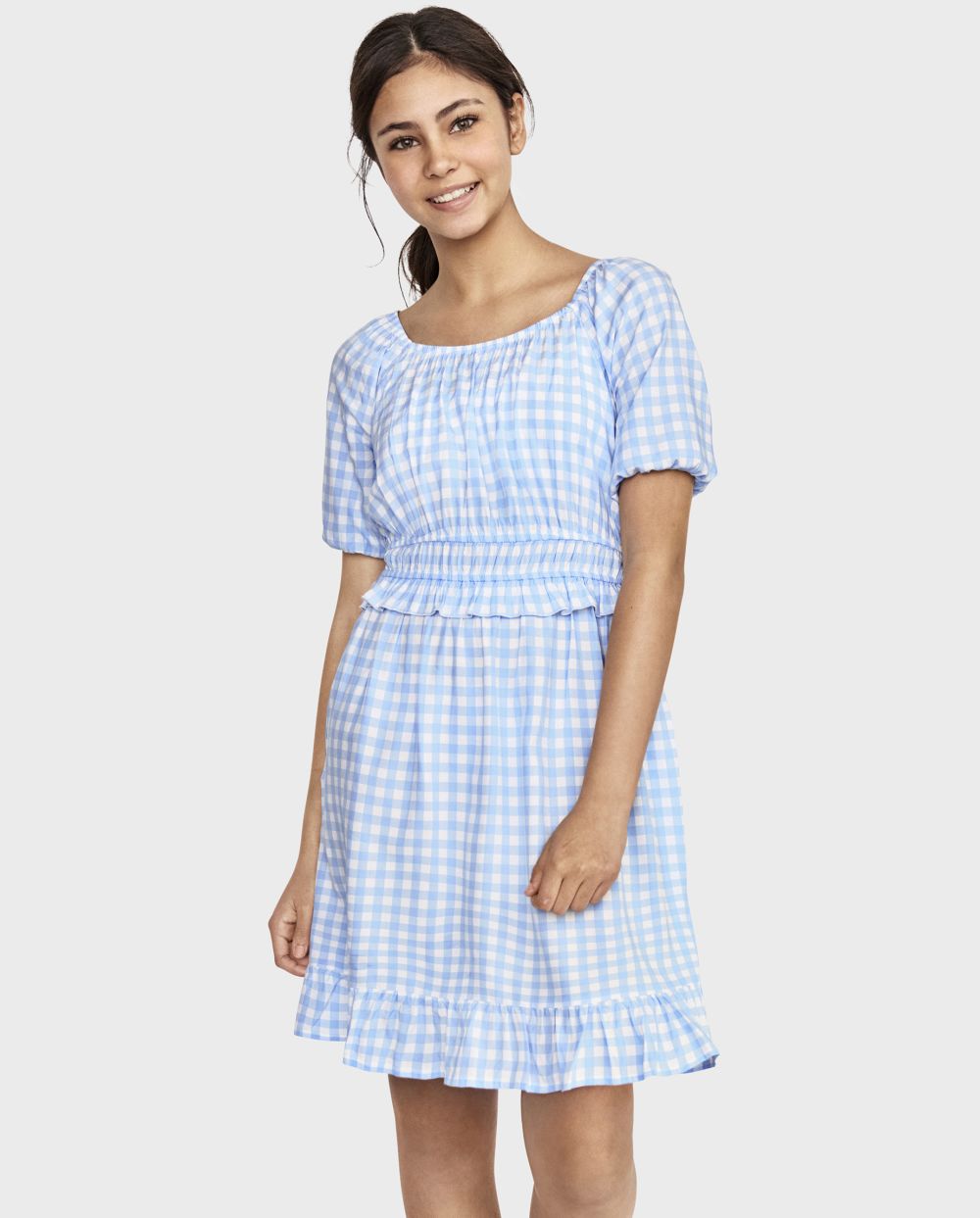 Girls Above the Knee Rayon Scoop Neck Puff Sleeves Raglan Short Sleeves Sleeves Shirred Tiered Checkered Gingham Print Dress With a Bow(s) and Ruffles