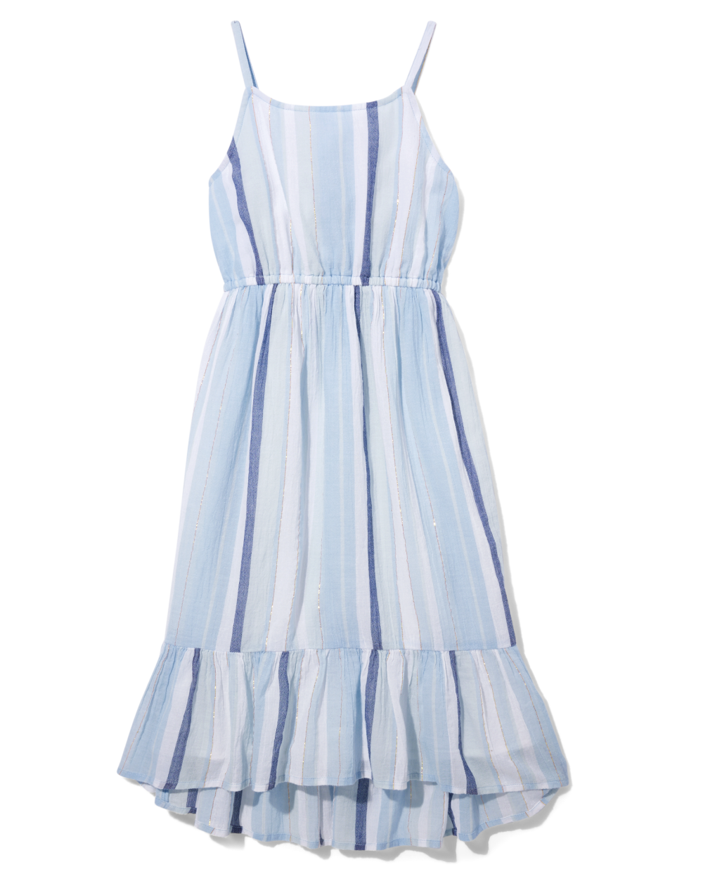 Girls Sleeveless Spaghetti Strap Above the Knee Striped Print Round Neck Smocked Tiered Dress With Ruffles