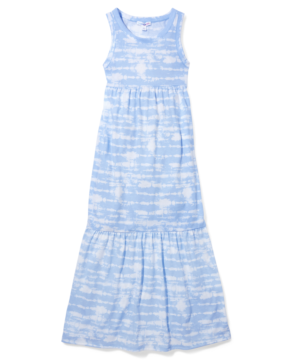 Girls Below the Knee Sleeveless Tank Round Neck Ruched Tie Dye Print Maxi Dress With Ruffles