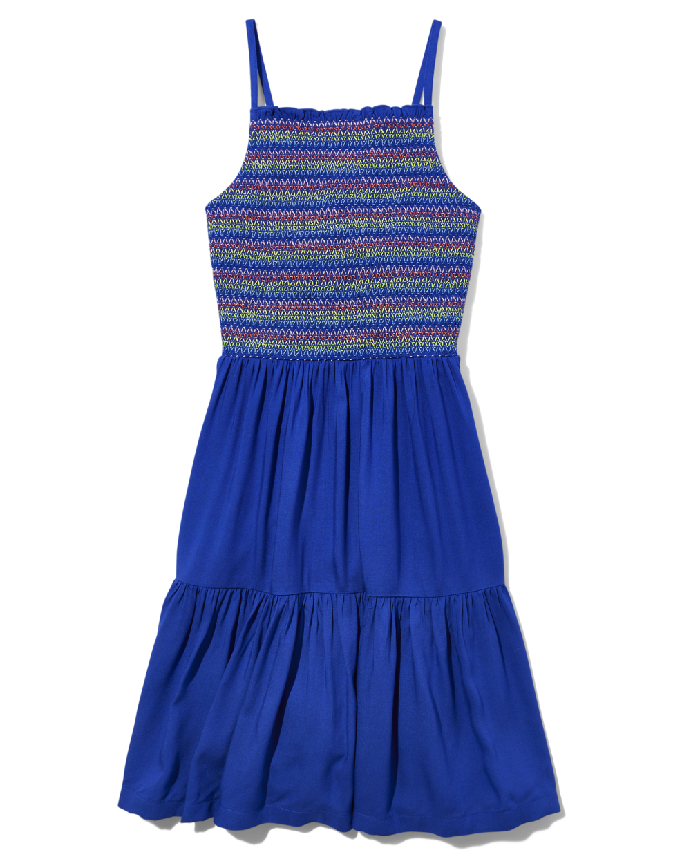 Girls Smocked Square Neck Rayon Above the Knee Sleeveless Spaghetti Strap Tiered Dress With Ruffles