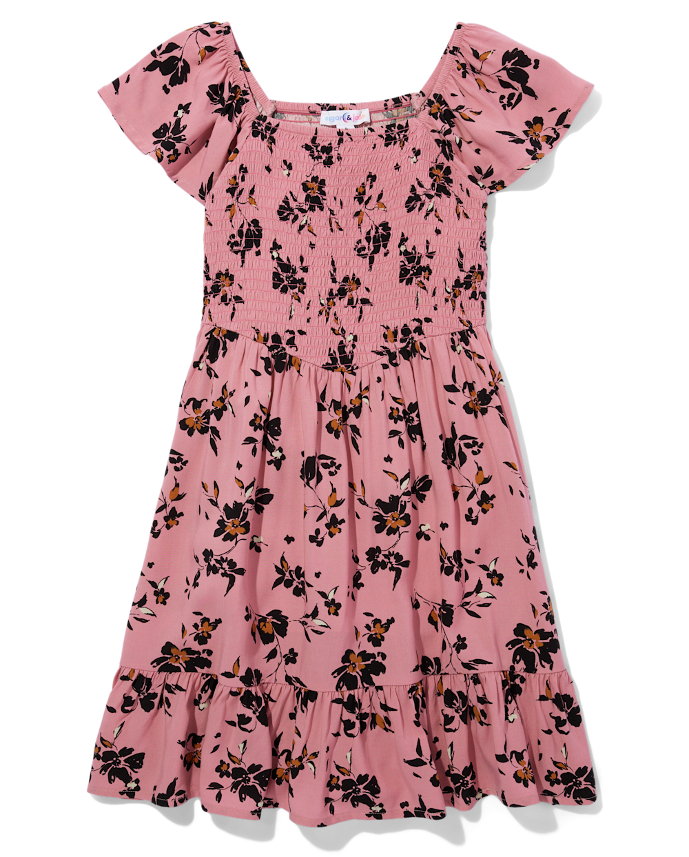 Girls Floral Print Rayon Flutter Short Sleeves Sleeves Smocked Square Neck Above the Knee Dress With Ruffles