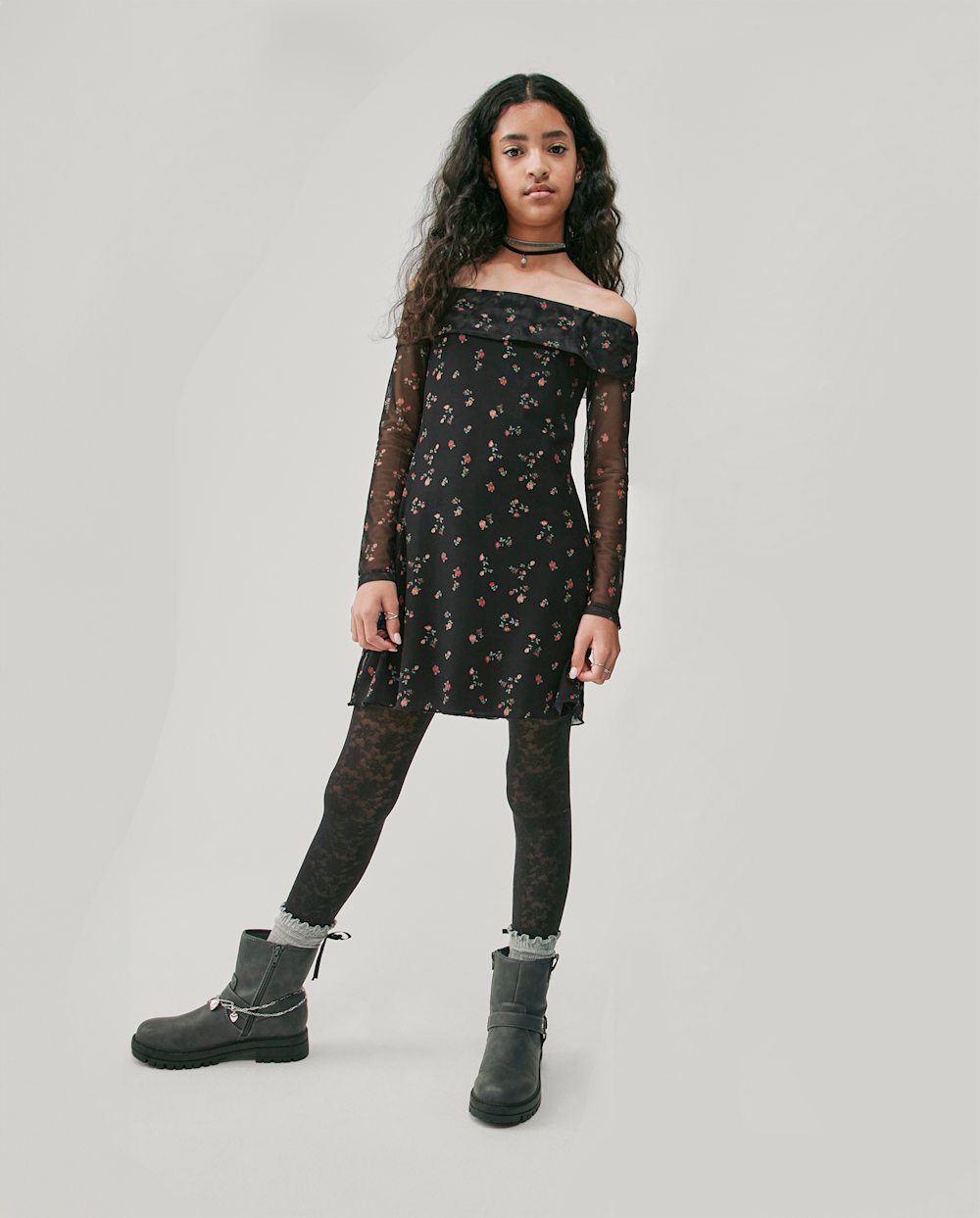 Sugar and Jade Tween Girls Floral Mesh Off-Shoulder Dress | Size Large (12/14) | Black
