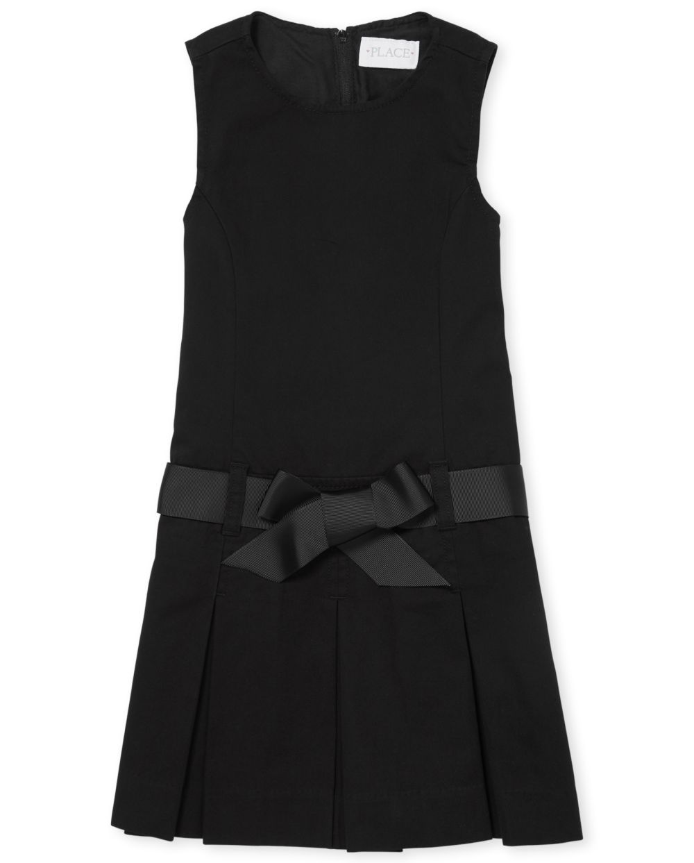 Girls Self Tie Pleated Belted Back Zipper Sleeveless Above the Knee Round Neck Jumper With a Ribbon