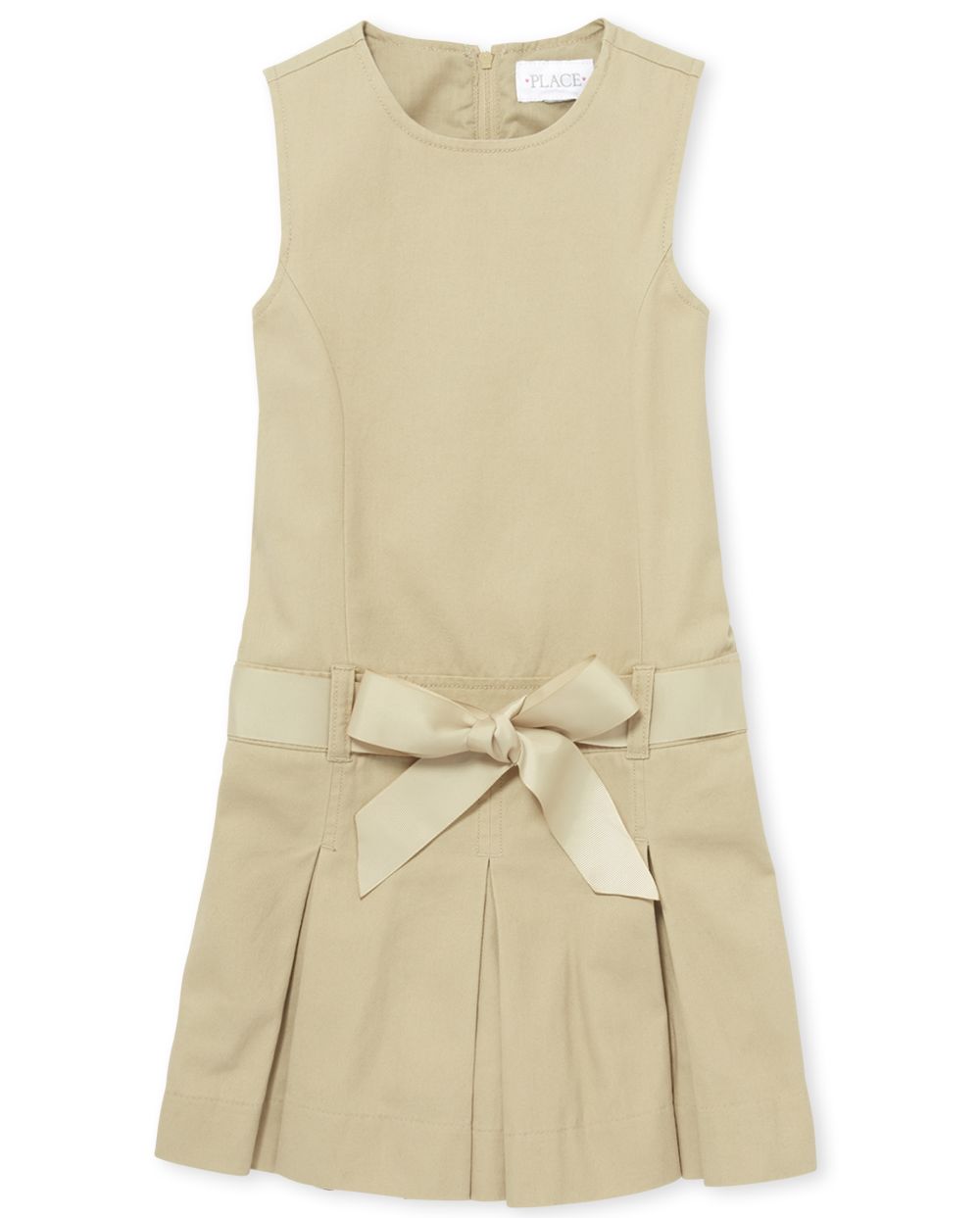 Girls Round Neck Self Tie Back Zipper Belted Pleated Above the Knee Sleeveless Jumper With a Ribbon
