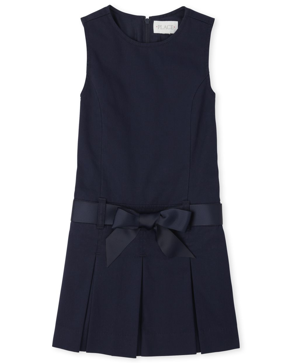 Girls Round Neck Sleeveless Back Zipper Belted Self Tie Pleated Above the Knee Jumper With a Ribbon