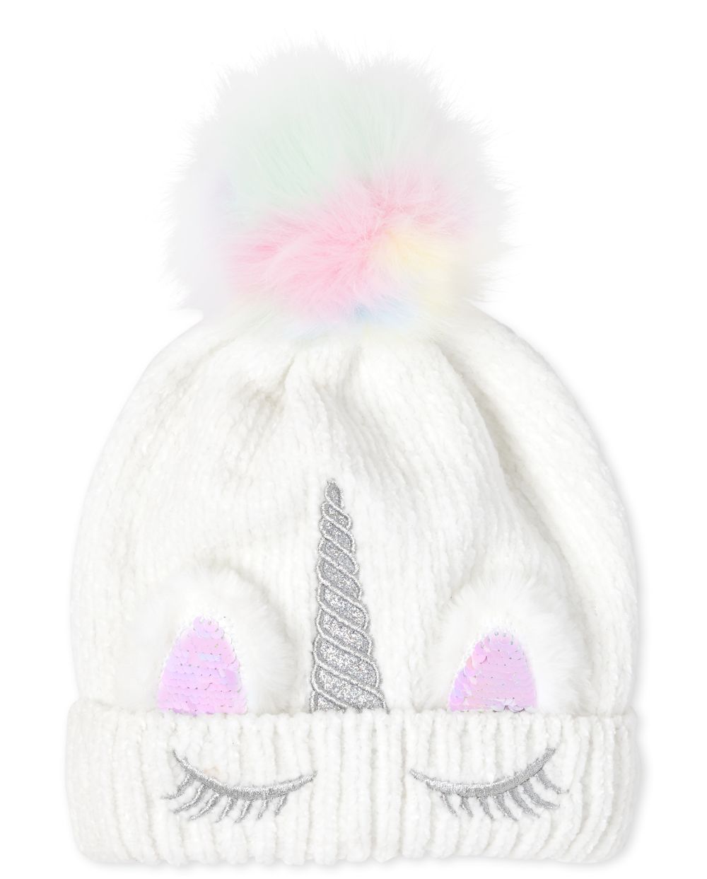

Girls Flip Sequin Unicorn Chenille Pom Pom Beanie - White - The Children's Place
