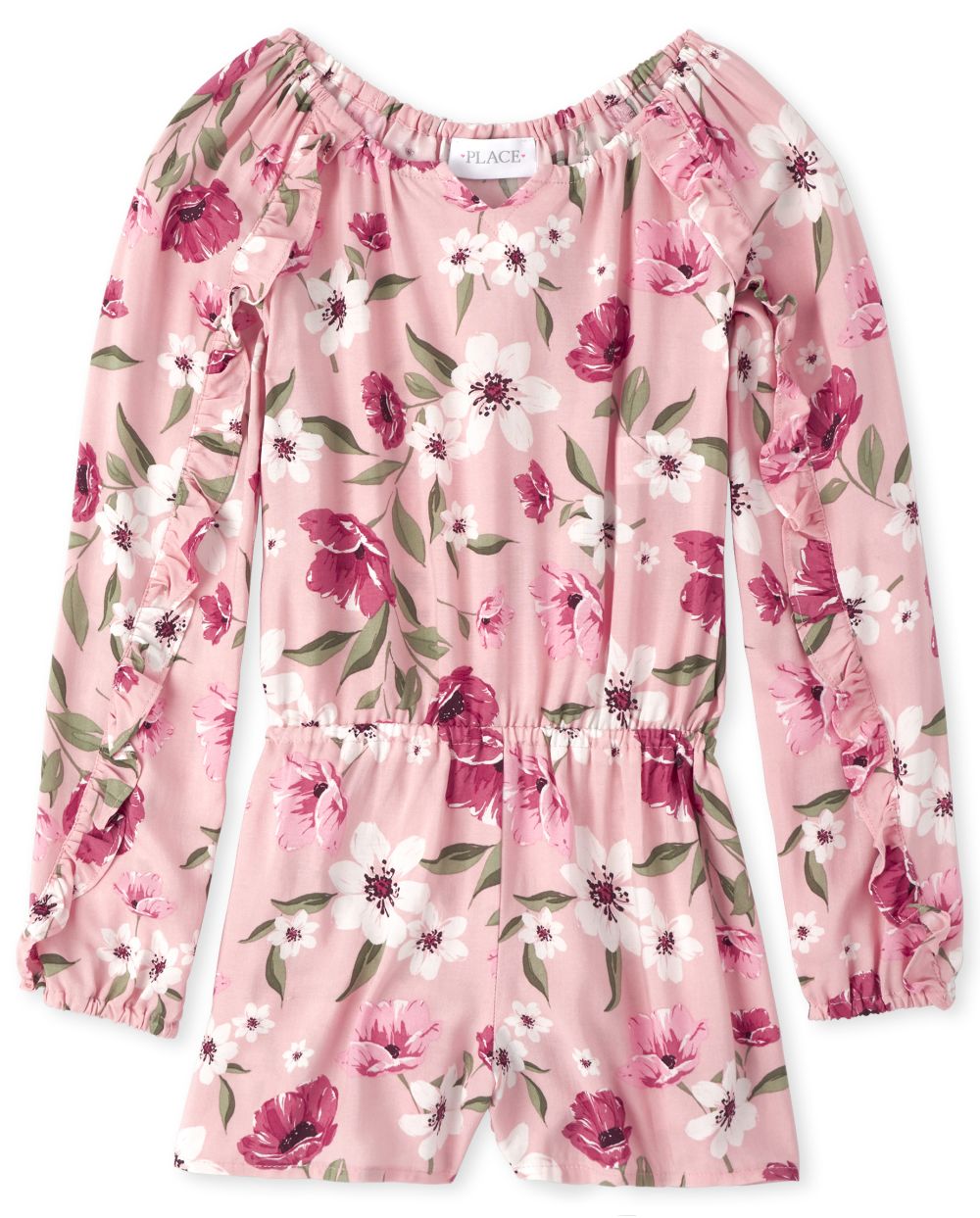 

Girls Floral Ruffle Romper - Pink - The Children's Place
