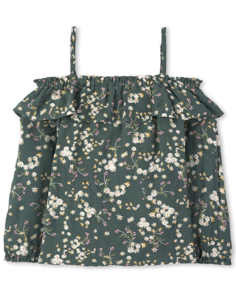 

Girls Floral Dobby Ruffle Off Shoulder Top - Green - The Children's Place