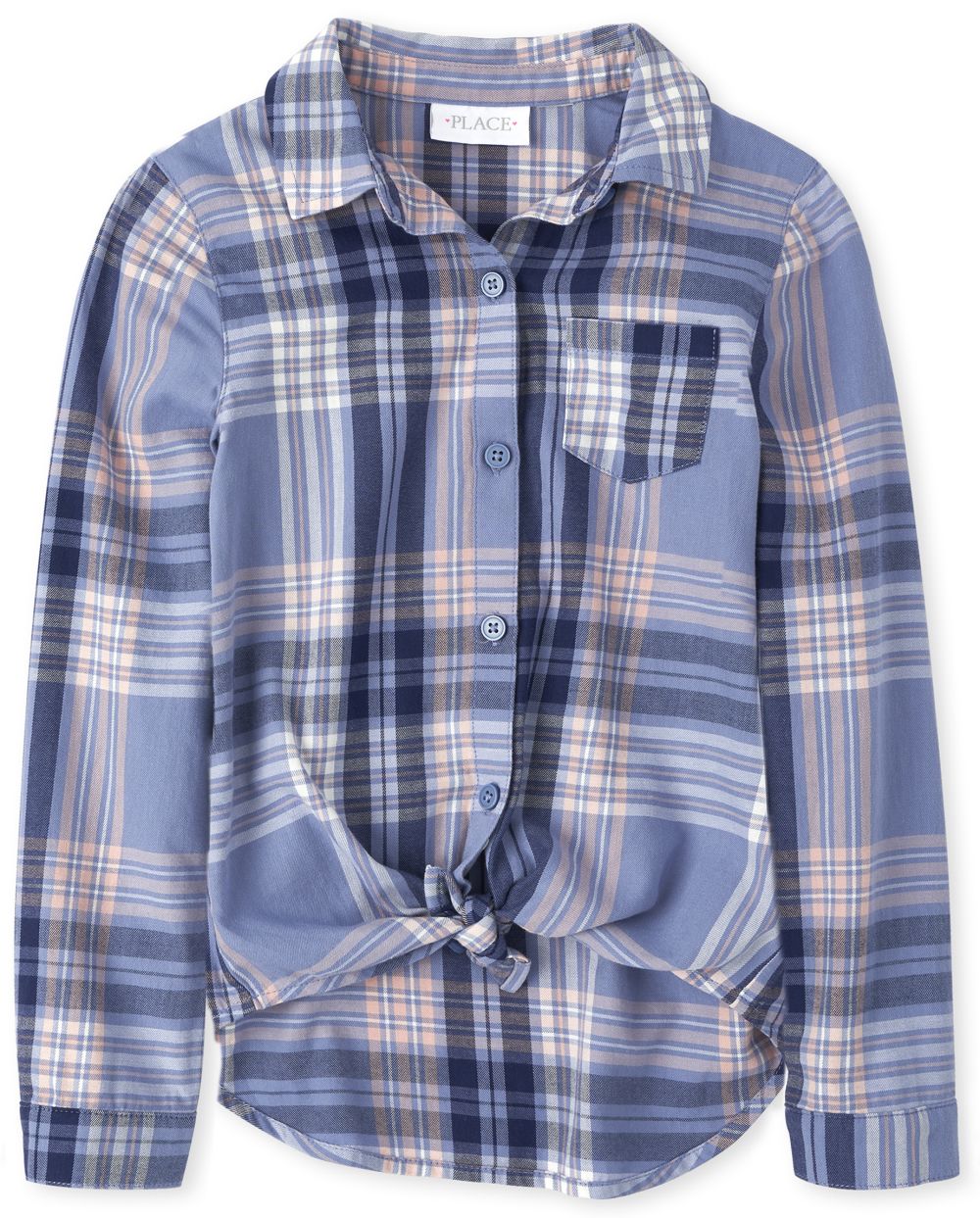 

Girls Plaid Twill Tie Front Button Down Shirt - Blue - The Children's Place