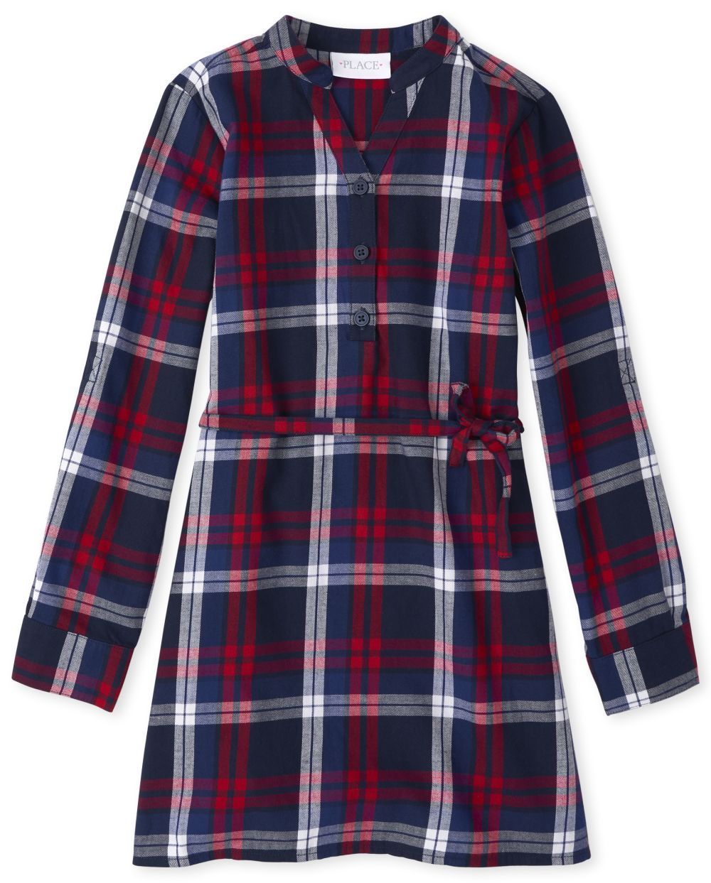 Girls Self Tie Button Front Belted Tie Waist Waistline Long Sleeves Plaid Print Above the Knee Shirt Dress