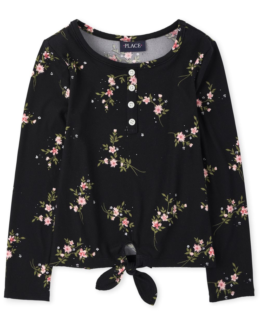 Girls Floral Tie Front Henley Top - Black - The Children's Place
