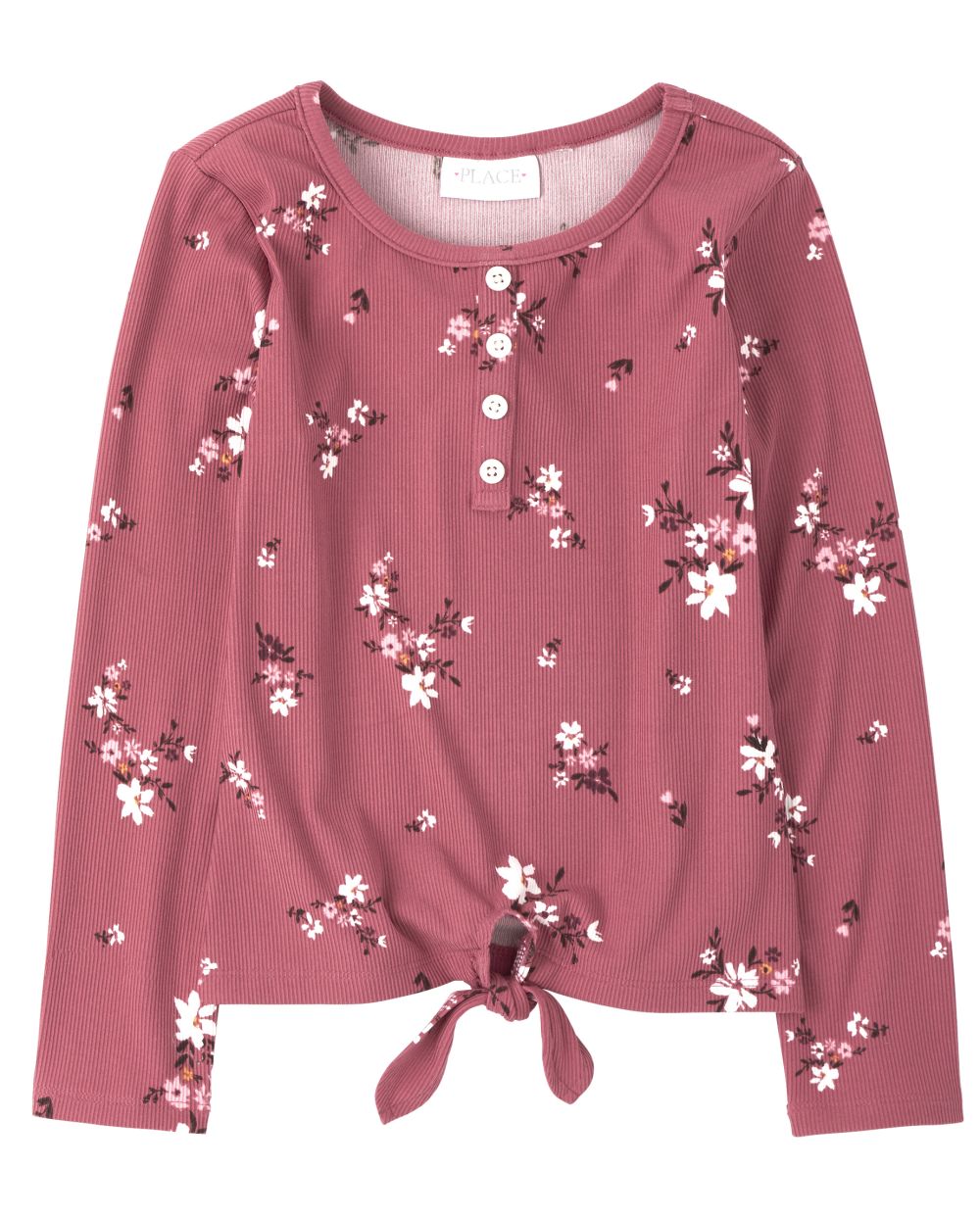 

Girls Floral Tie Front Henley Top - Pink - The Children's Place