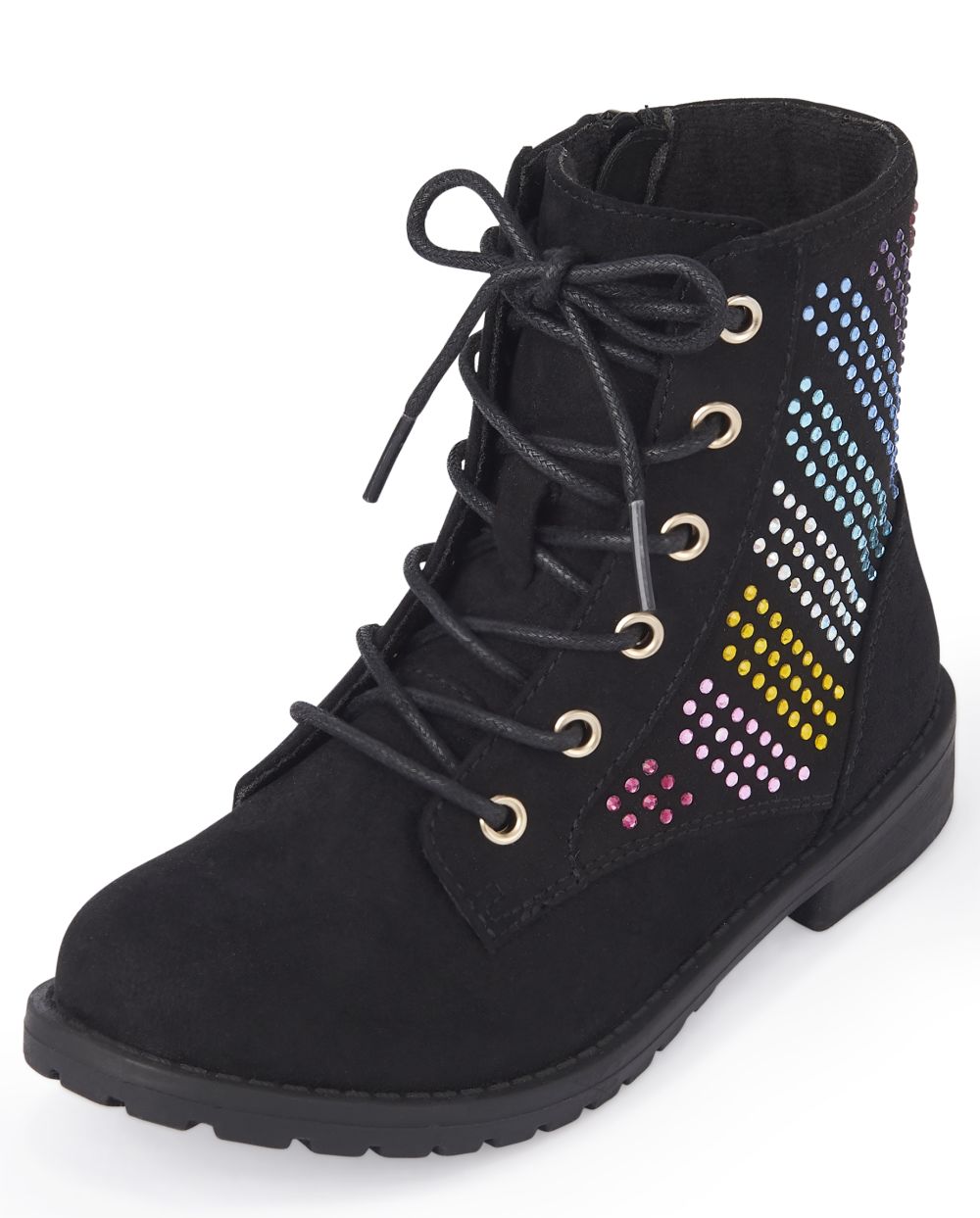 

Girls Rainbow Jeweled Lace Up Boots - Black - The Children's Place