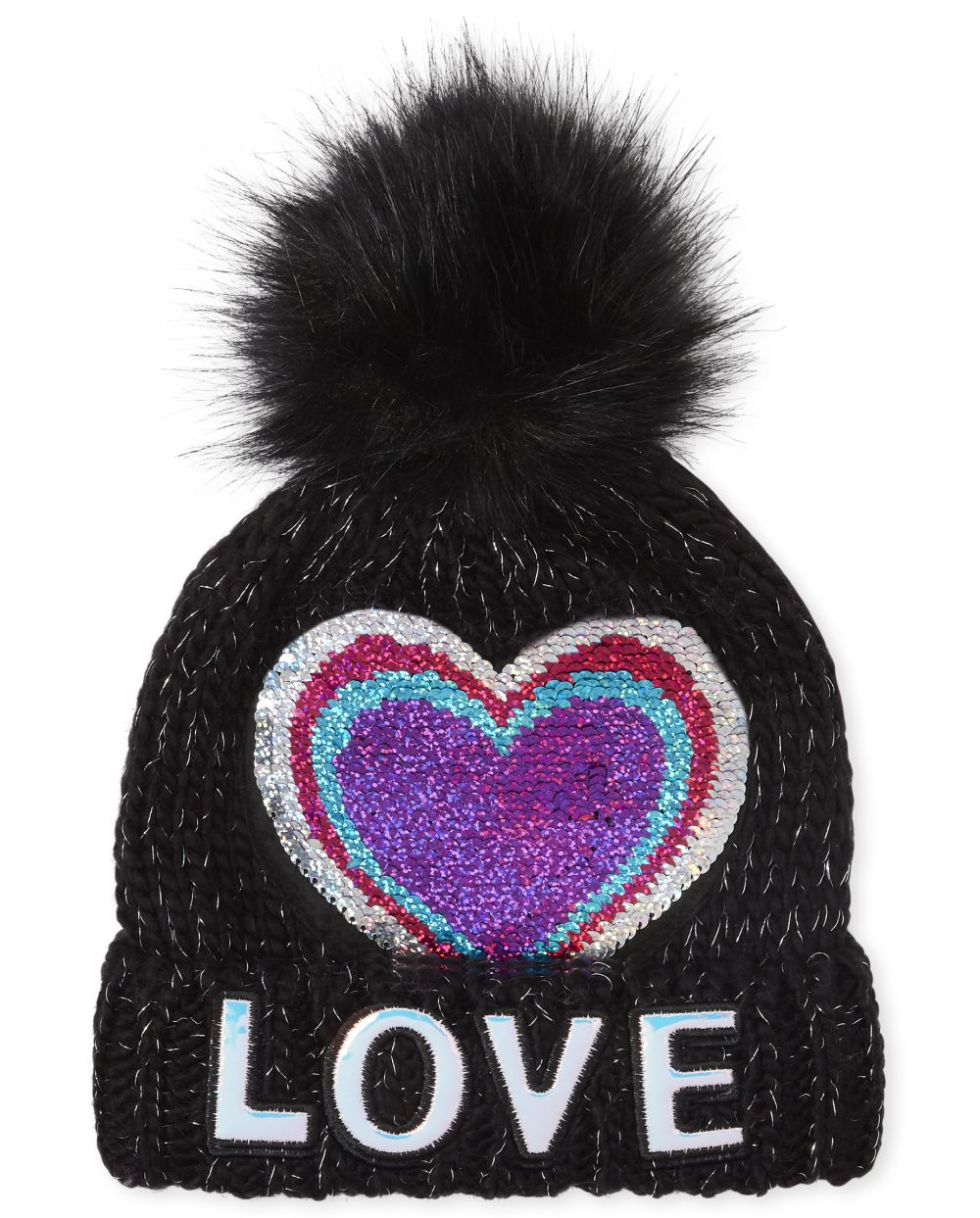 

Girls Flip Sequin Heart Pom Pom Beanie - Black - The Children's Place