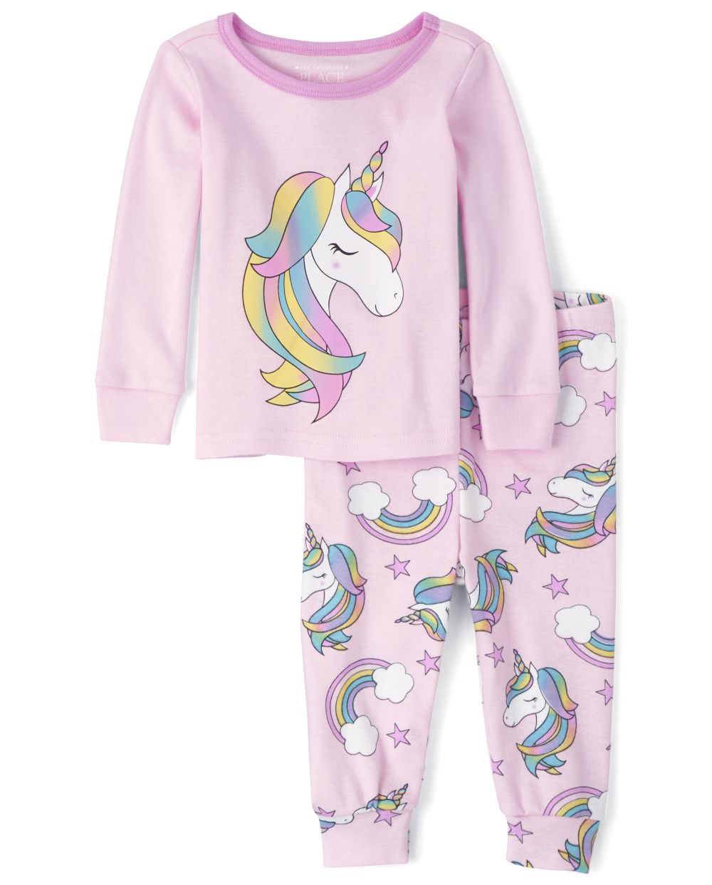 Baby And Toddler Girls Long Sleeve Rainbow Unicorn Snug Fit Cotton Pajamas