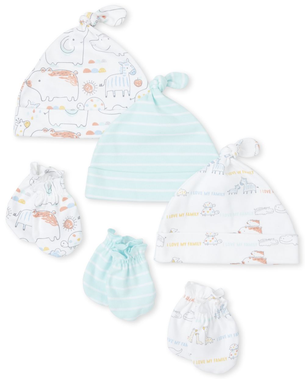 

Newborn Unisex Baby Doodle Animals Knotted Hat And Mittens 6-Piece Set - Green - The Children's Place