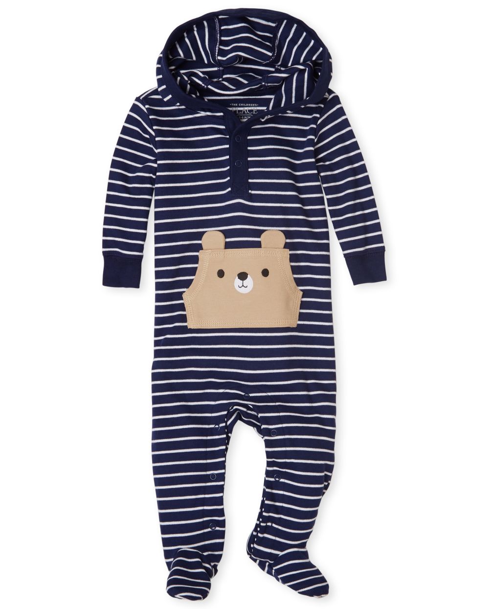 

s Baby Boys Happy Bear Striped Cotton Coverall - Blue - The Children's Place
