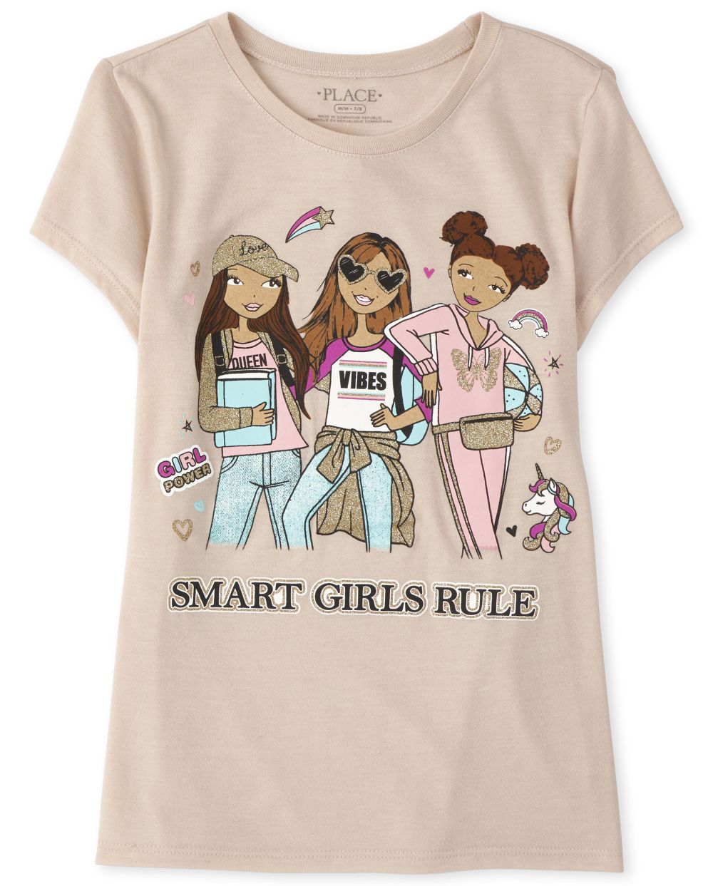 

Girls Glitter Smart Rule Graphic Tee - Tan T-Shirt - The Children's Place