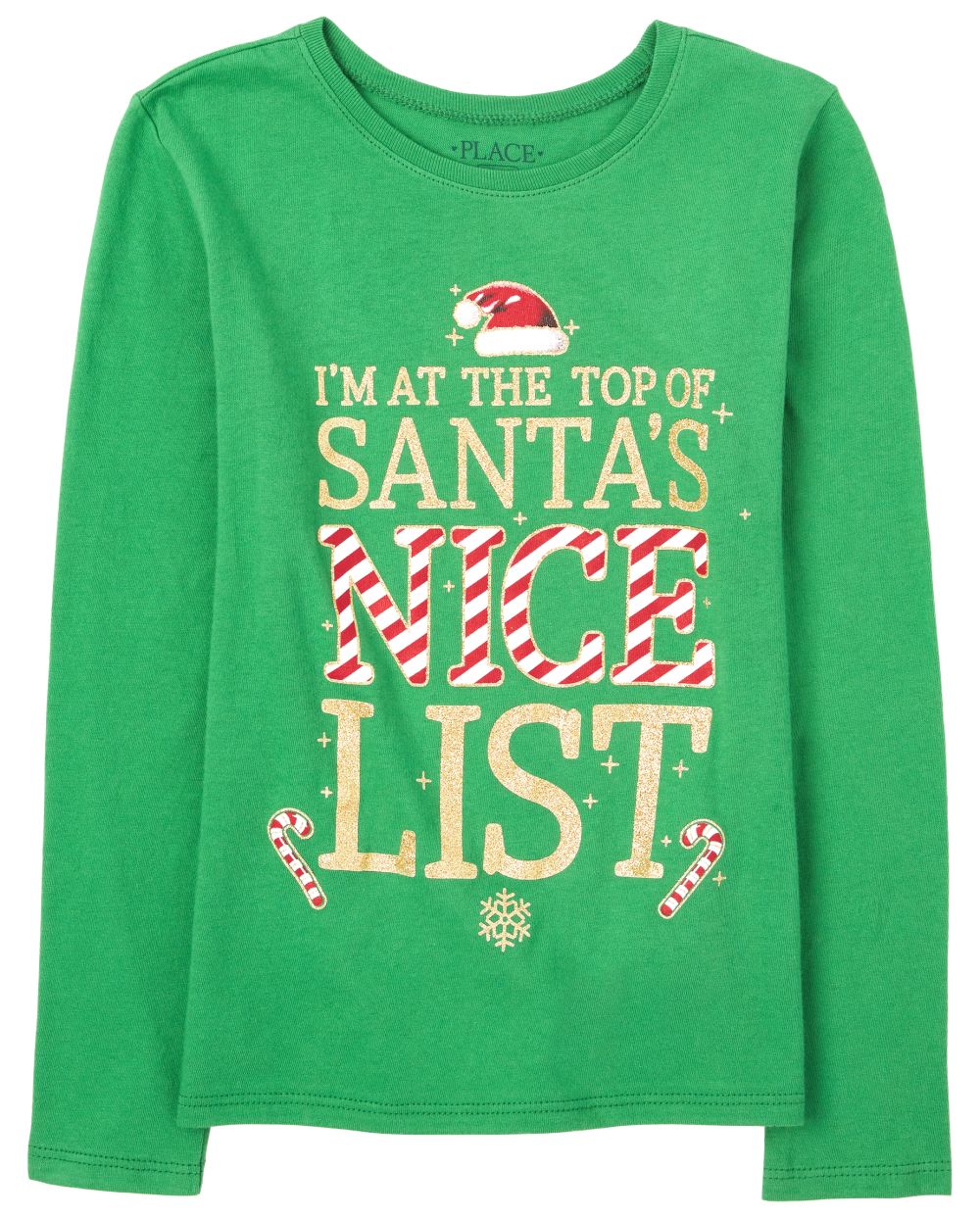 

Girls Christmas Glitter Nice List Graphic Tee - Green T-Shirt - The Children's Place