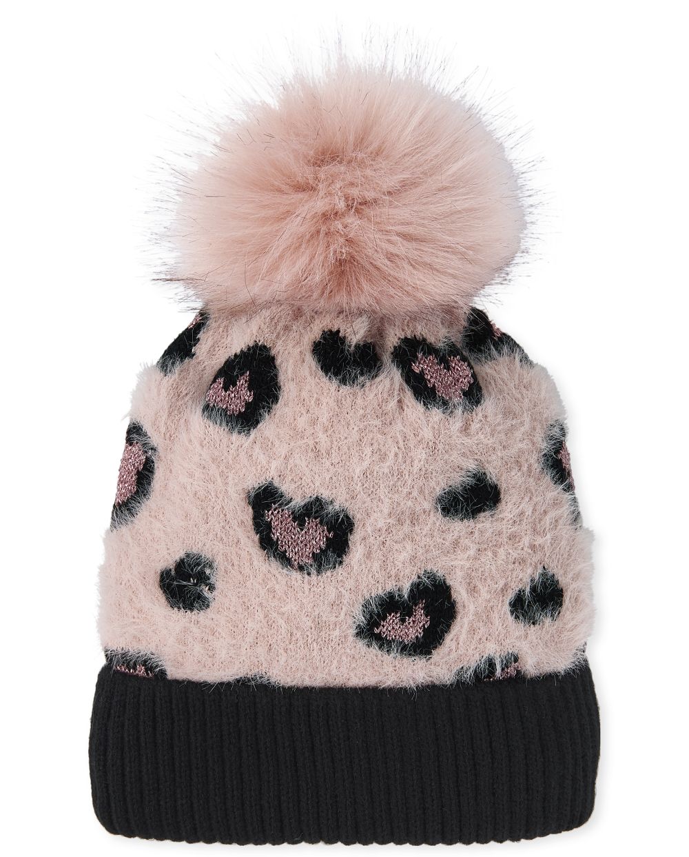 

Girls Leopard Faux Fur Pom Pom Beanie - Pink - The Children's Place