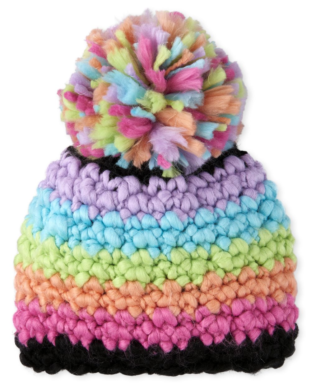 Girls Metallic Rainbow Striped Pom Pom Beanie - Multi - The Children's Place