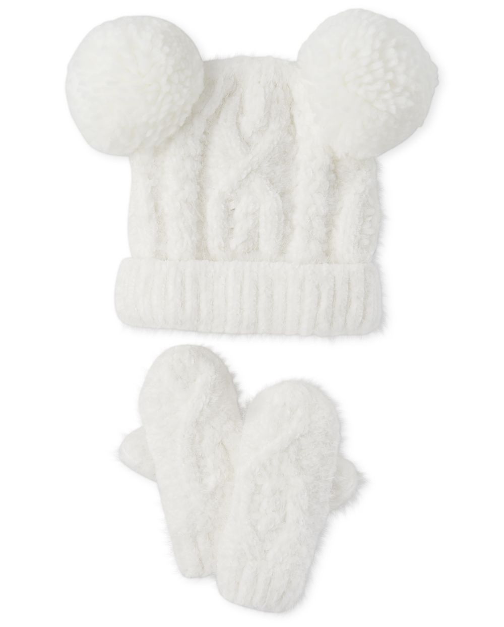 

s Toddler Cable Knit Chenille Pom Pom Beanie And Mittens Set - White - The Children's Place
