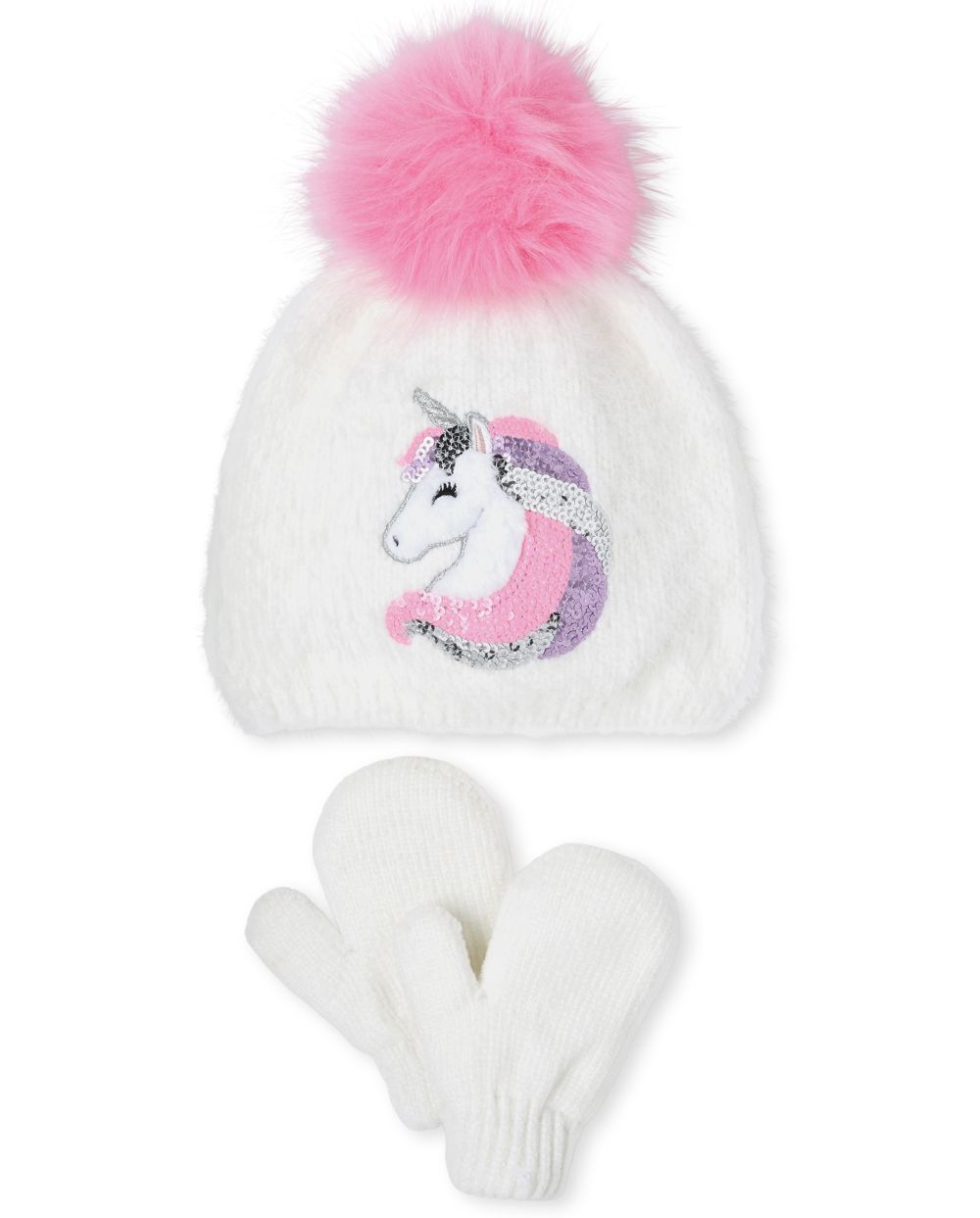 

s Toddler Sequin Unicorn Pom Pom Beanie And Mittens Set - White - The Children's Place