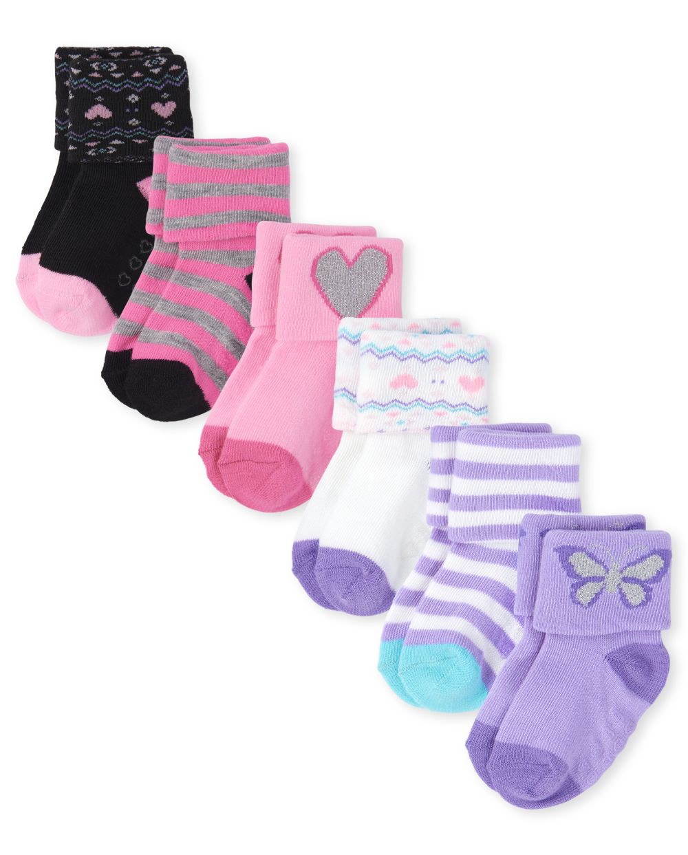 s Toddler Heart Turn Cuff Socks 6-Pack - Multi - The Children's Place